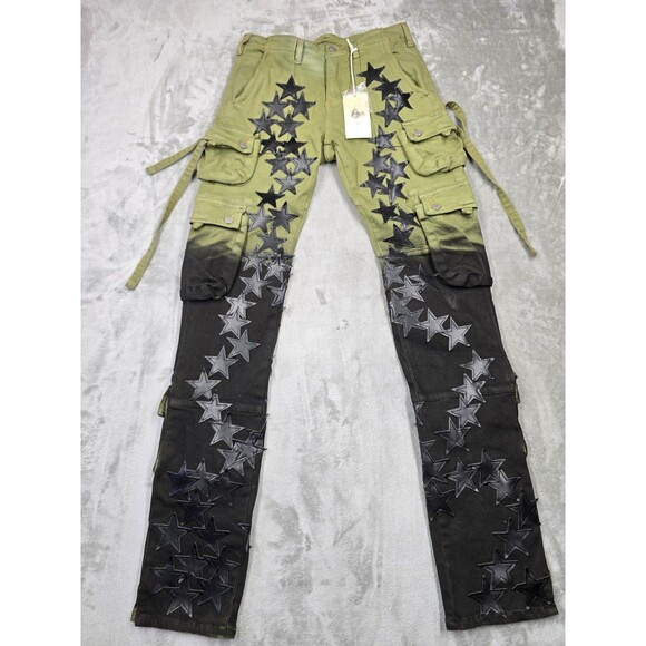 Black Other - ​MNML Star Cargo Pants Size 28 Green Black Gradient Two Tone Leather Stars Y2K